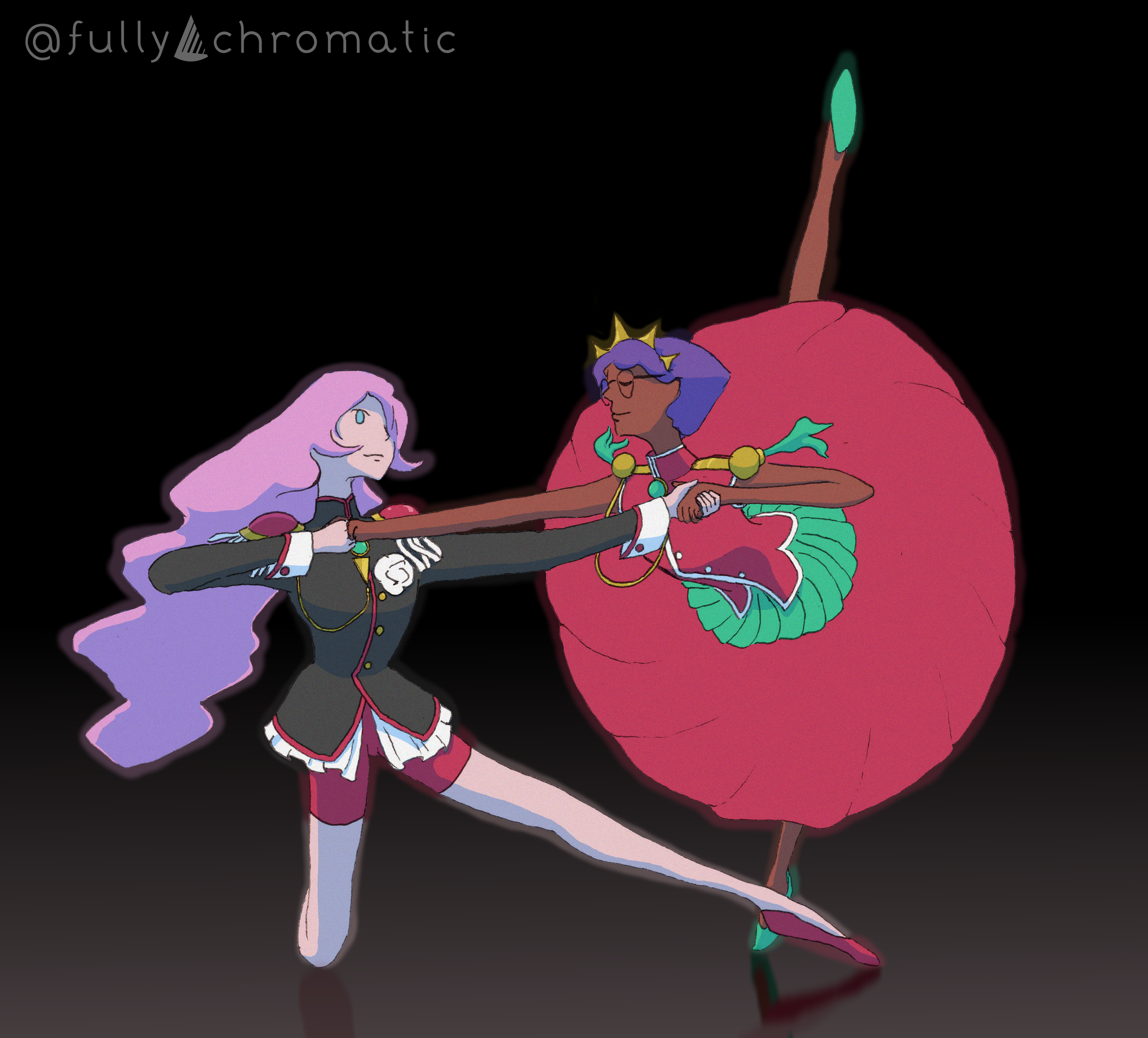 A drawing of Utena and Anthy dancing together.